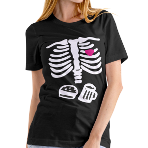 camiseta huesos, cerveza, comida